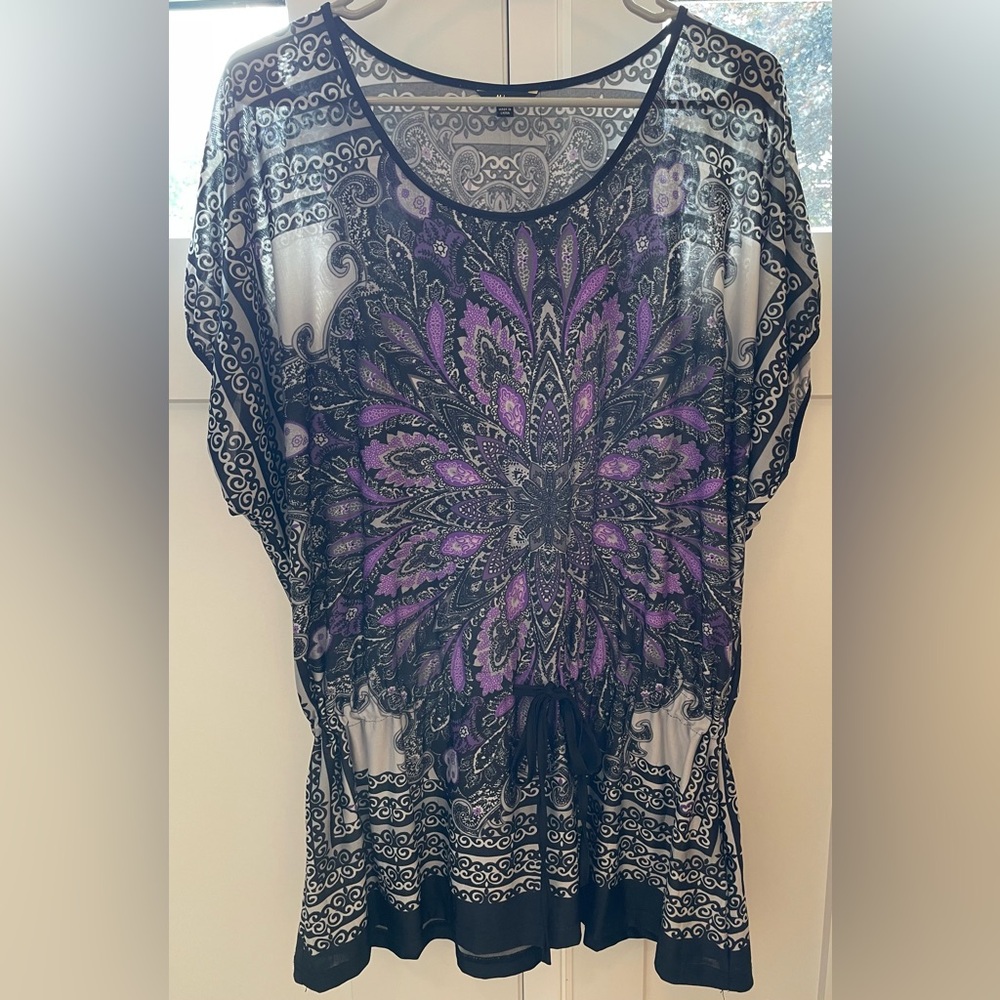 Milano large black purple design tie waist top short sleeve